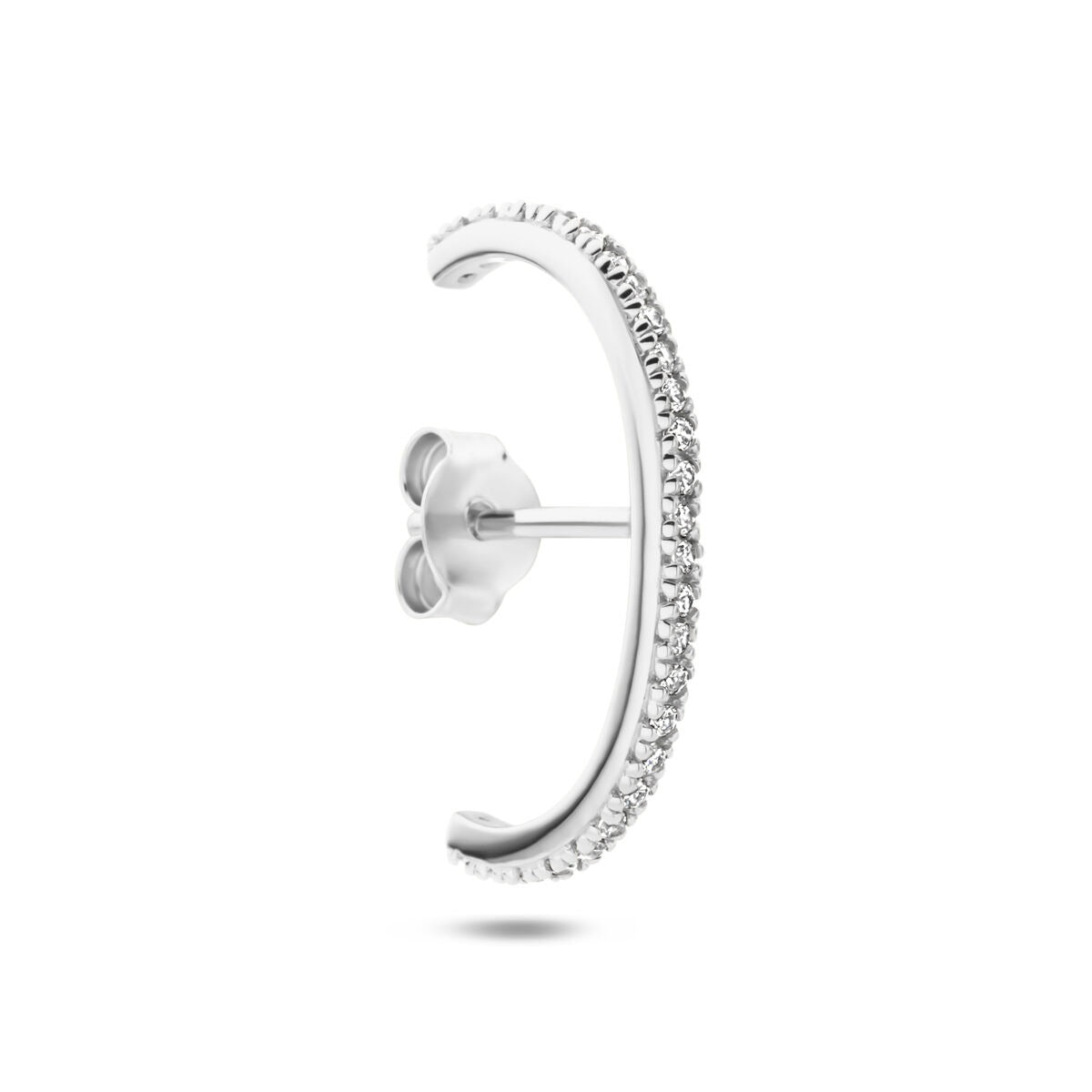 Orecchino sospeso in argento 925 rodiato con zirconi, forma semicircolare.