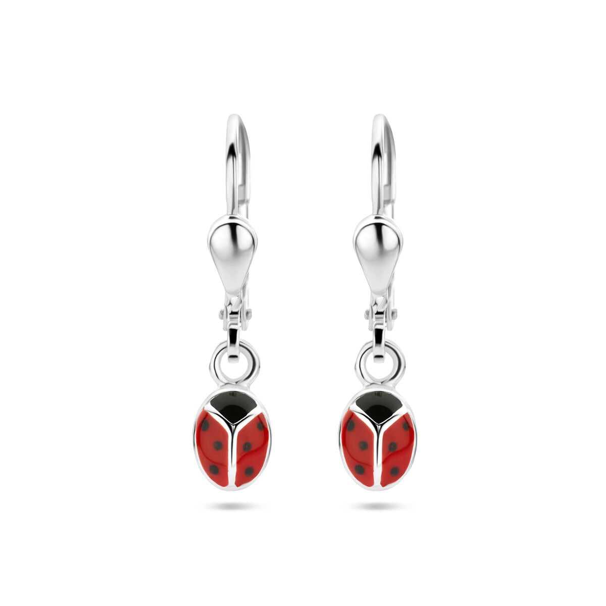 Orecchini in argento 925 a forma di coccinella con dettagli rossi e neri.