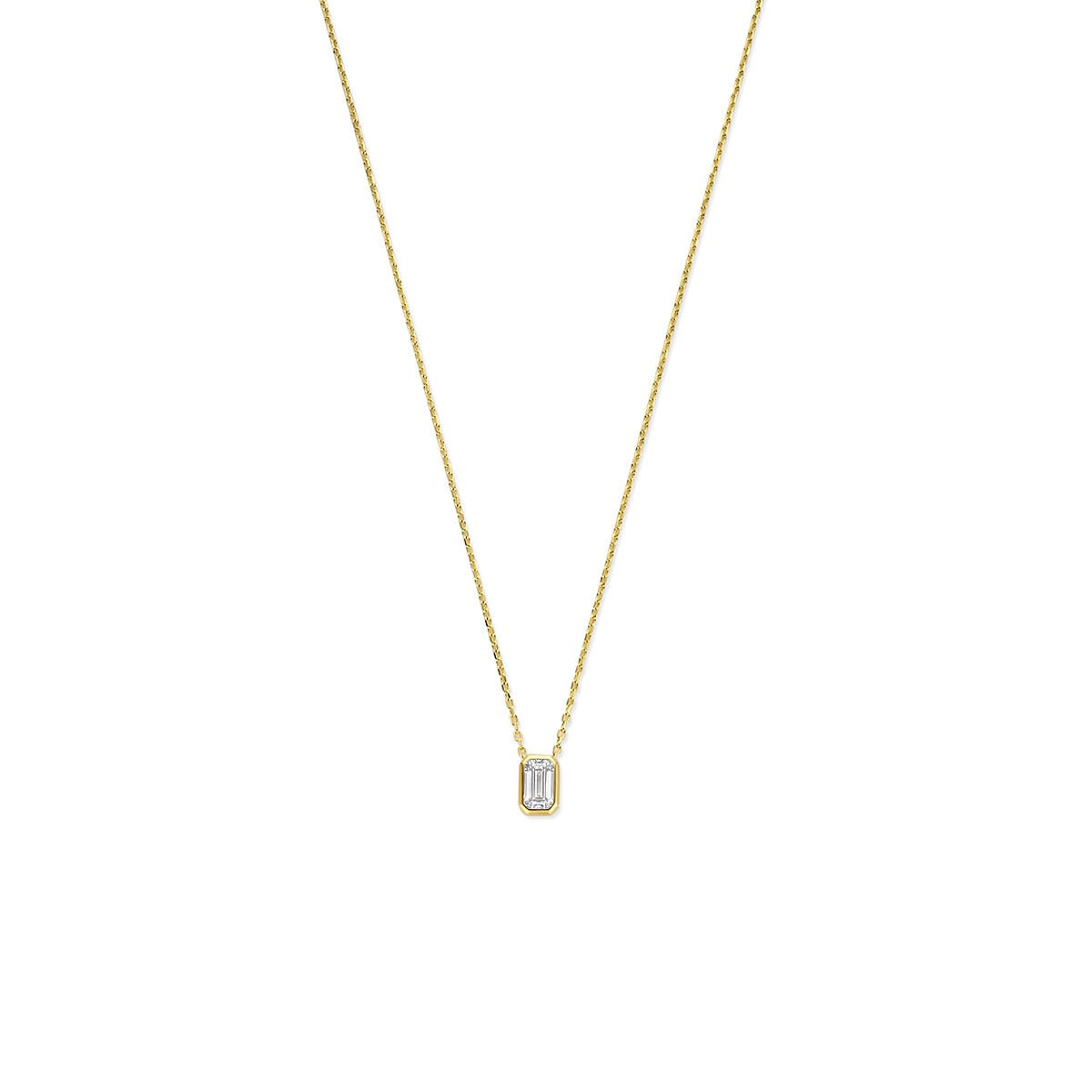 Geelgouden collier met een emerald geslepen zirkonia in een rechthoekige hanger.