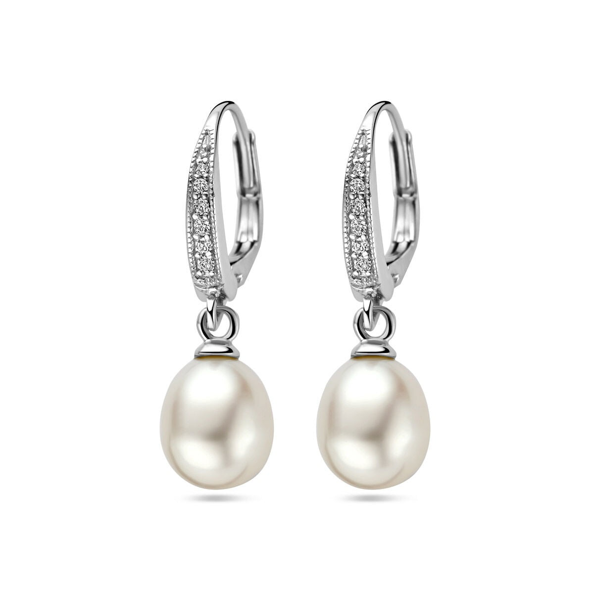 Orecchini in argento 925 rodiato con zirconi e perle d'acqua dolce, forma ovale.