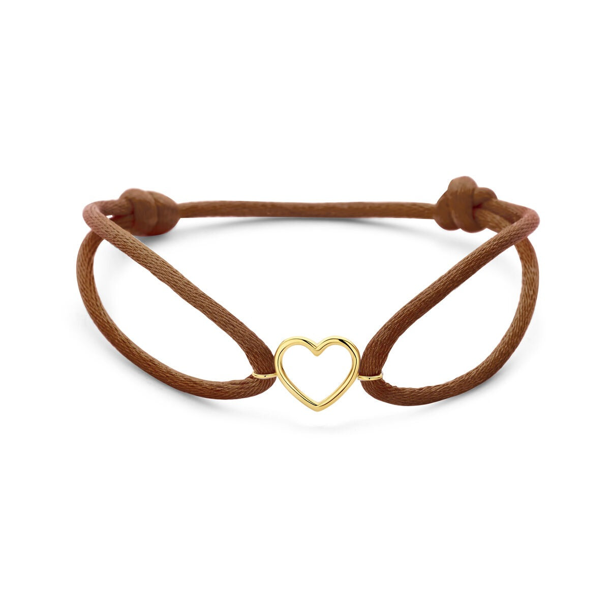 Bracciale in satin marrone con cuore in oro giallo 14k, simbolo d'amore sottile.