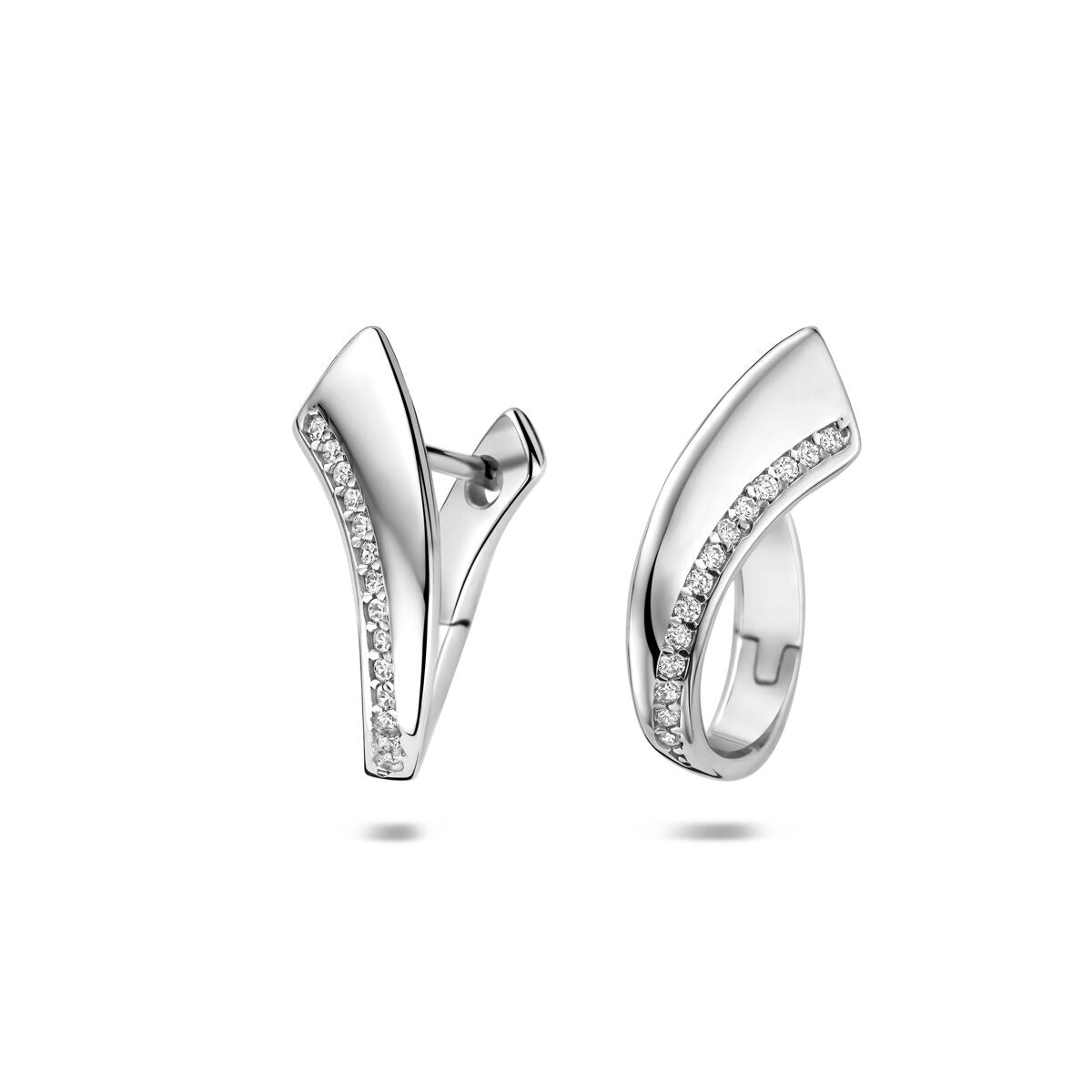 Orecchini alla creola in argento 925 rodiato con zircone, design moderno e lucido.