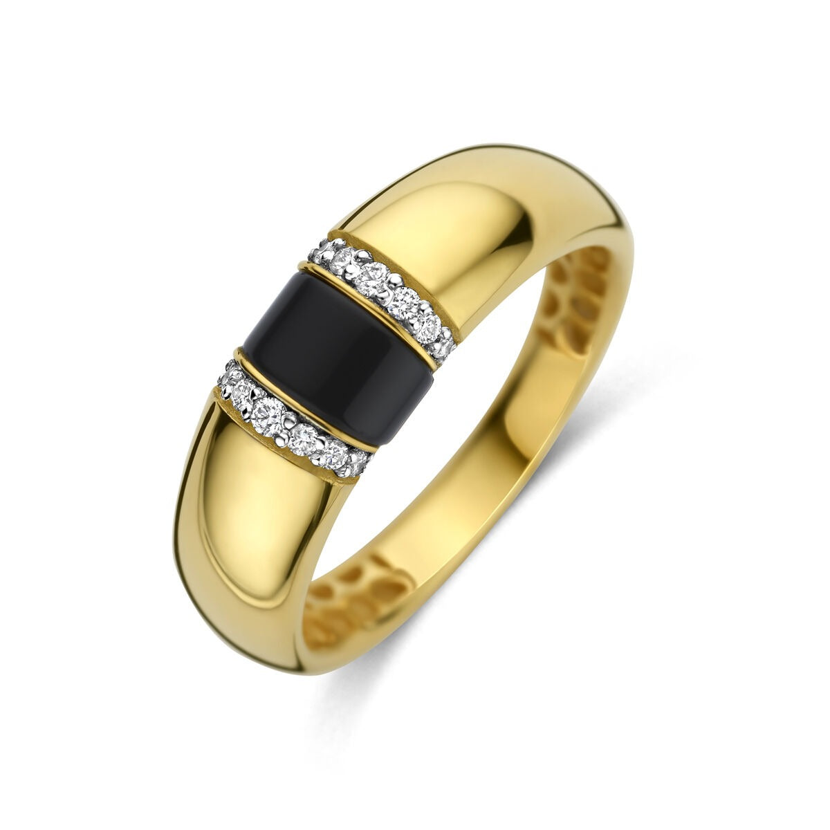 Anello in oro giallo 14k con onice e diamanti, largo 6,5 mm.