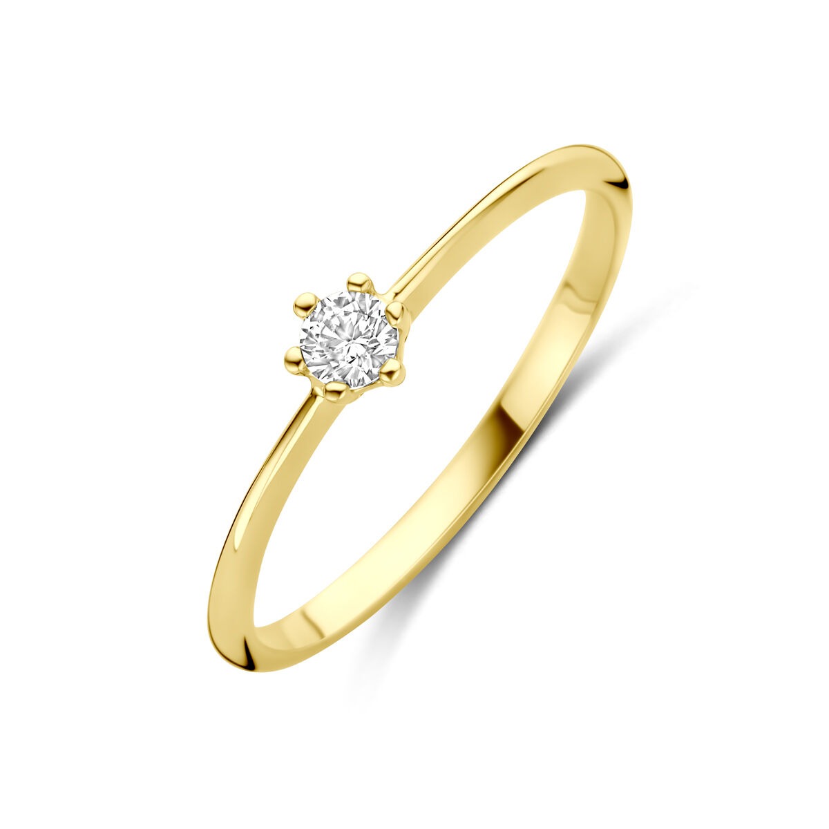 Anello da donna in oro giallo 14k con zircone, design semplice e brillante.