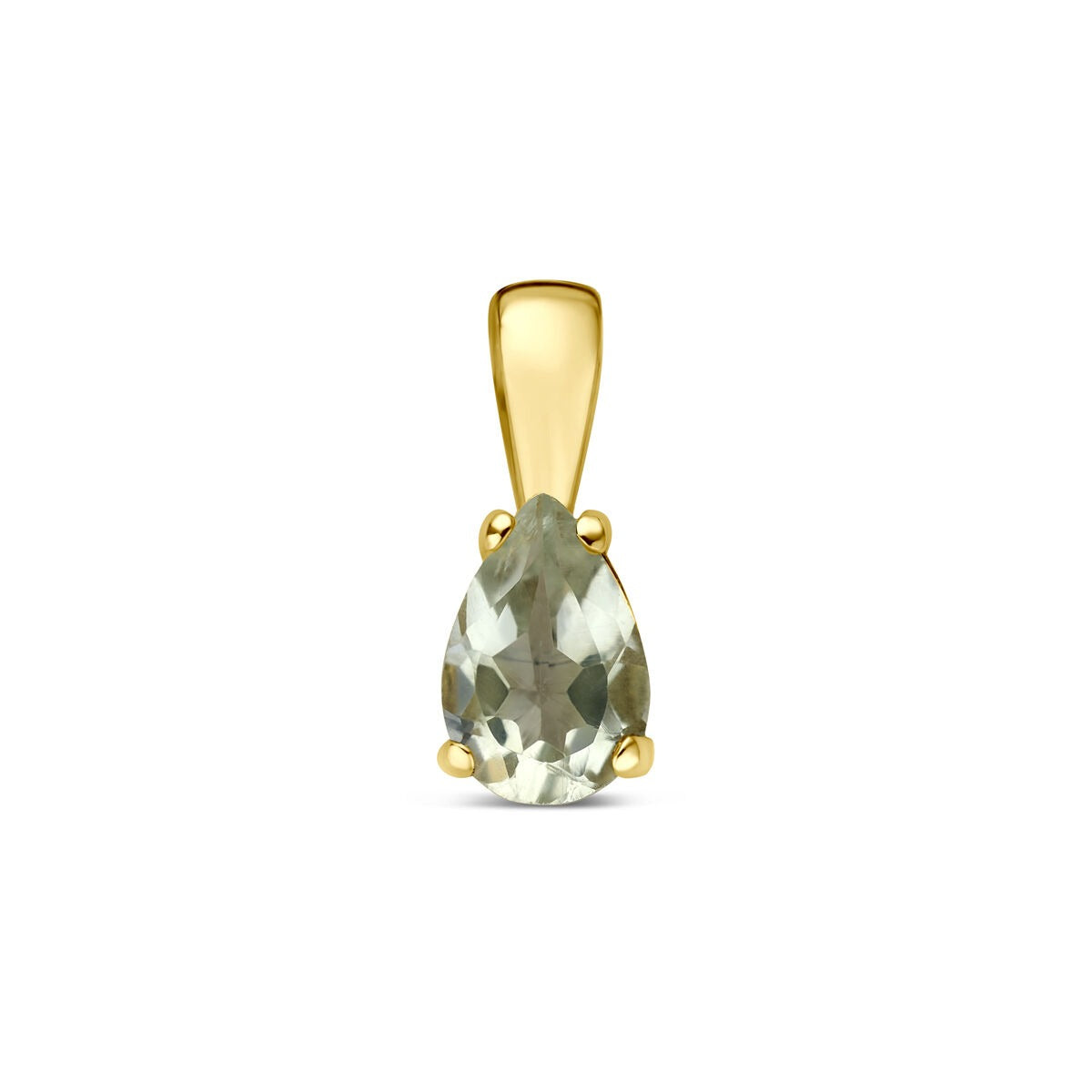 Ciondolo in oro giallo 14k con ametista verde a forma di goccia.