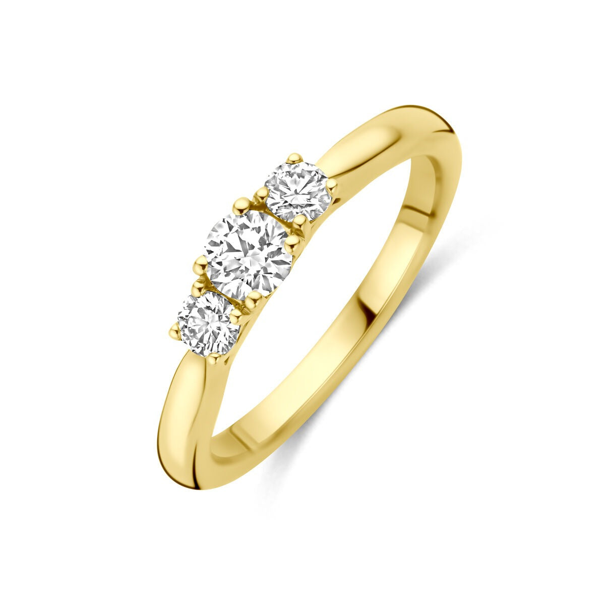 Anello in oro giallo 14k con diamanti lab-grown da 0,45 ct, design a tre pietre.