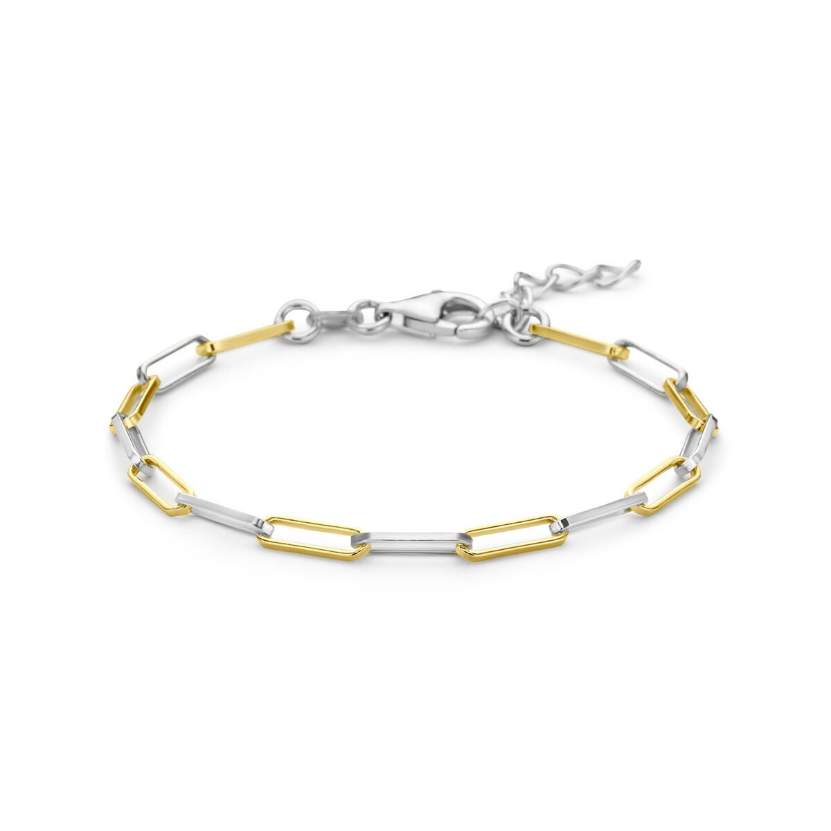 Bracciale in argento 925 con maglie a clip, placcato oro e rodiato, con chiusura a moschettone.