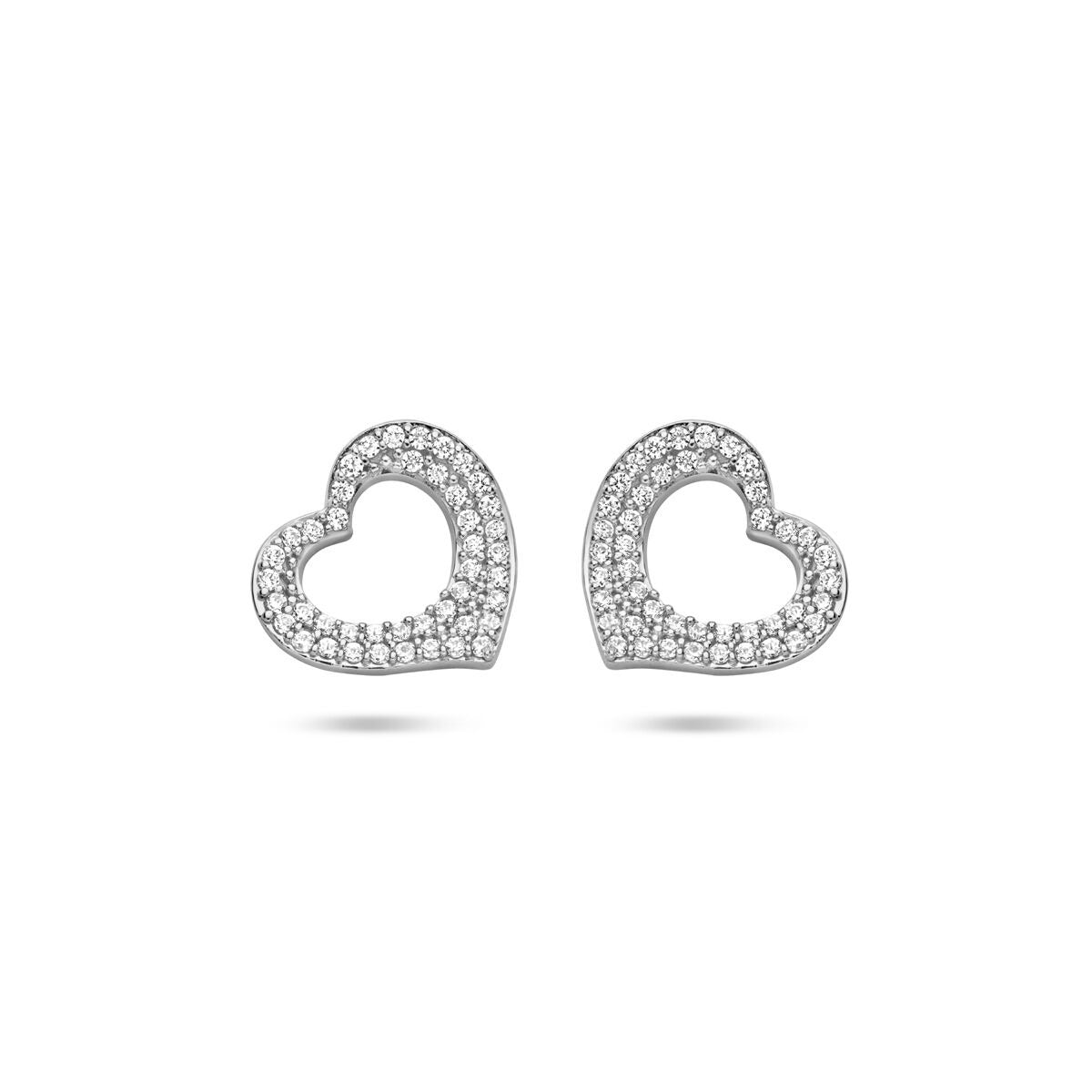 Orecchini a bottone cuore in argento rodiato con zirconi