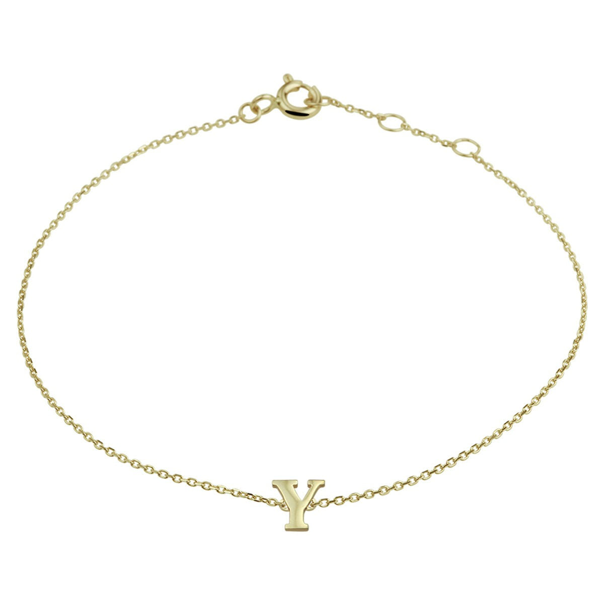 Bracciale in oro giallo 14k con lettera Y, design delicato e catena fine.