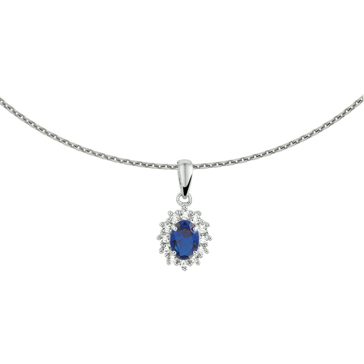 Collana in argento con zaffiro sintetico e zirconi, finitura rodiata.