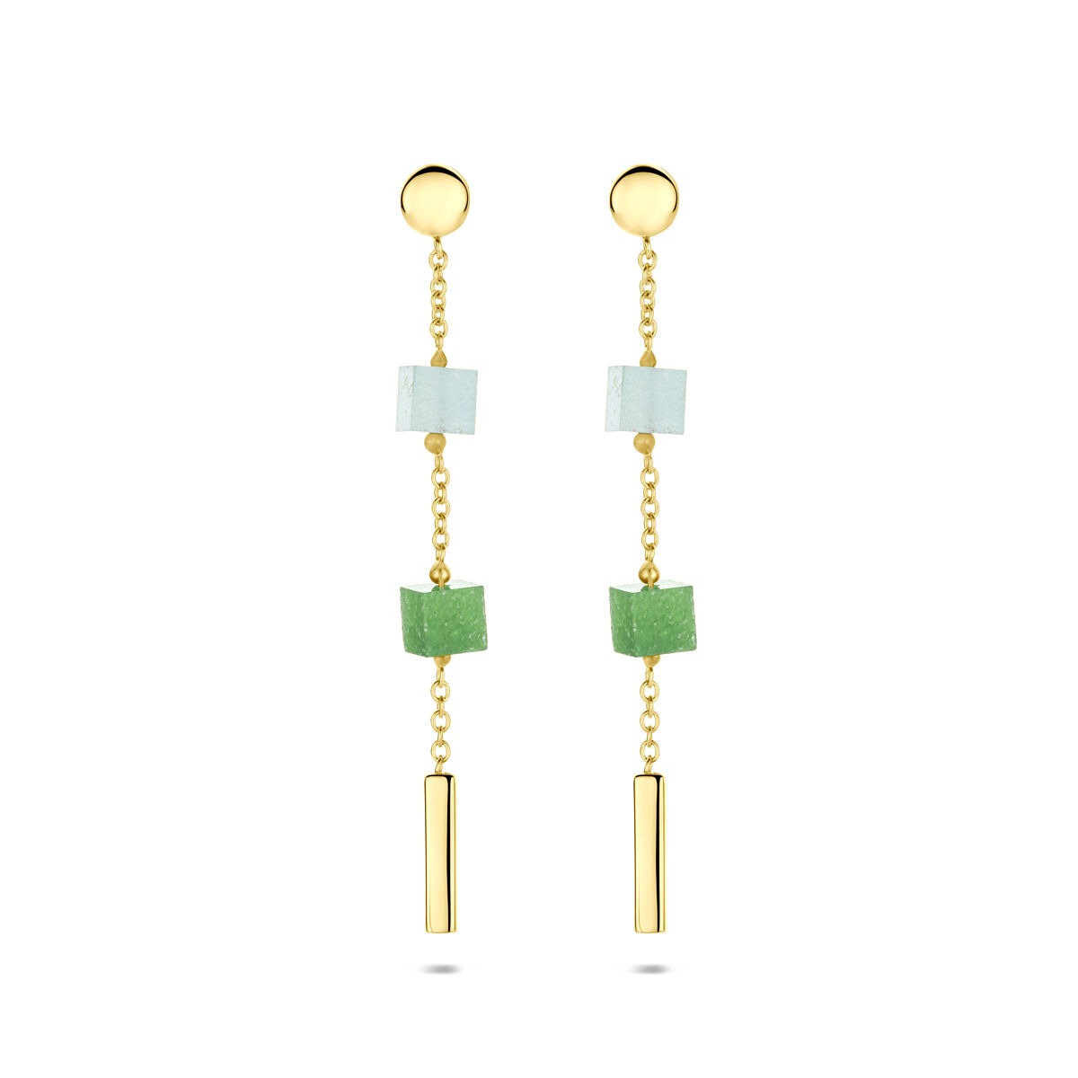 Orecchini in oro 14k con pietre di quarzo blu e verde, design a catena con elementi geometrici.