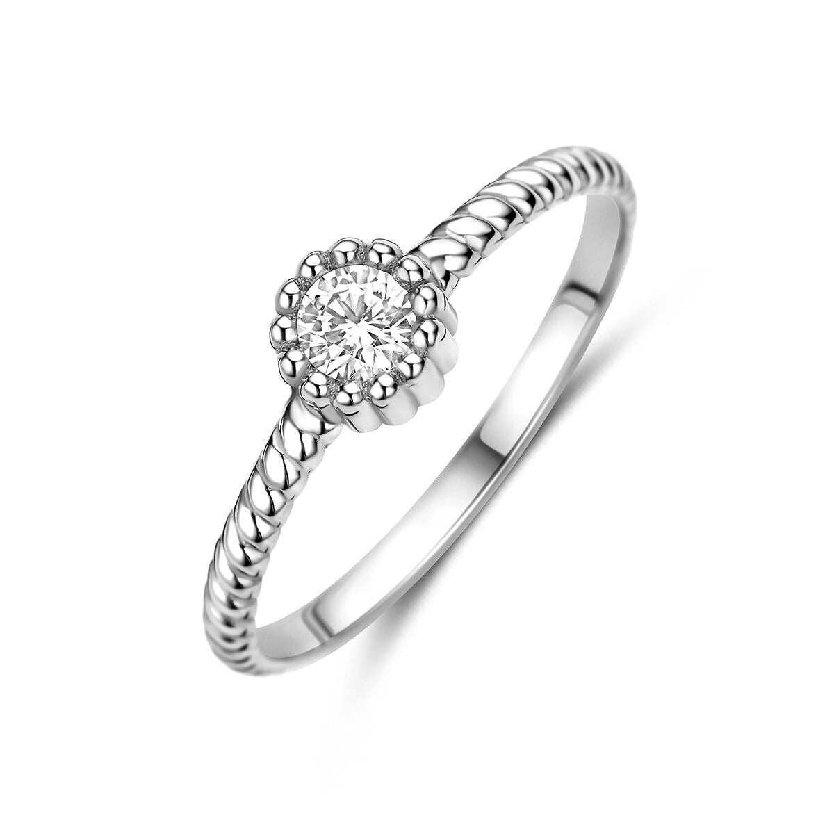 Gerhodineerde 925 zilveren ring met een ronde zirkonia, afgewerkt met een gevlochten band.