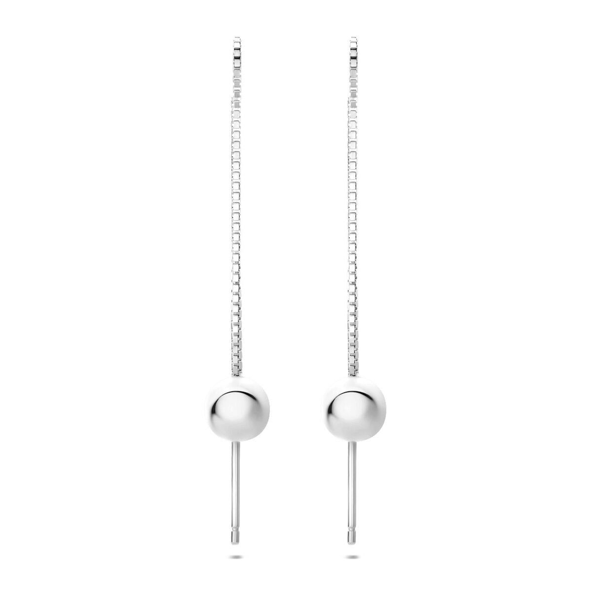 Orecchini pendenti a catena in argento rodiato con palline.