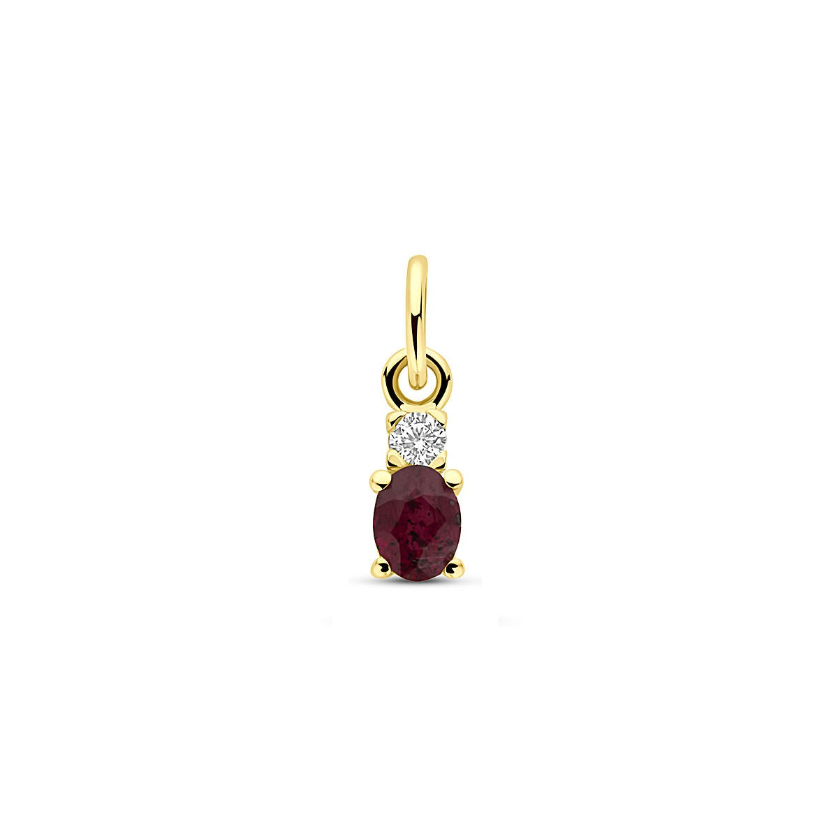 Ciondolo in oro giallo 14k con rubino ovale e zirconi, misura 12 mm.
