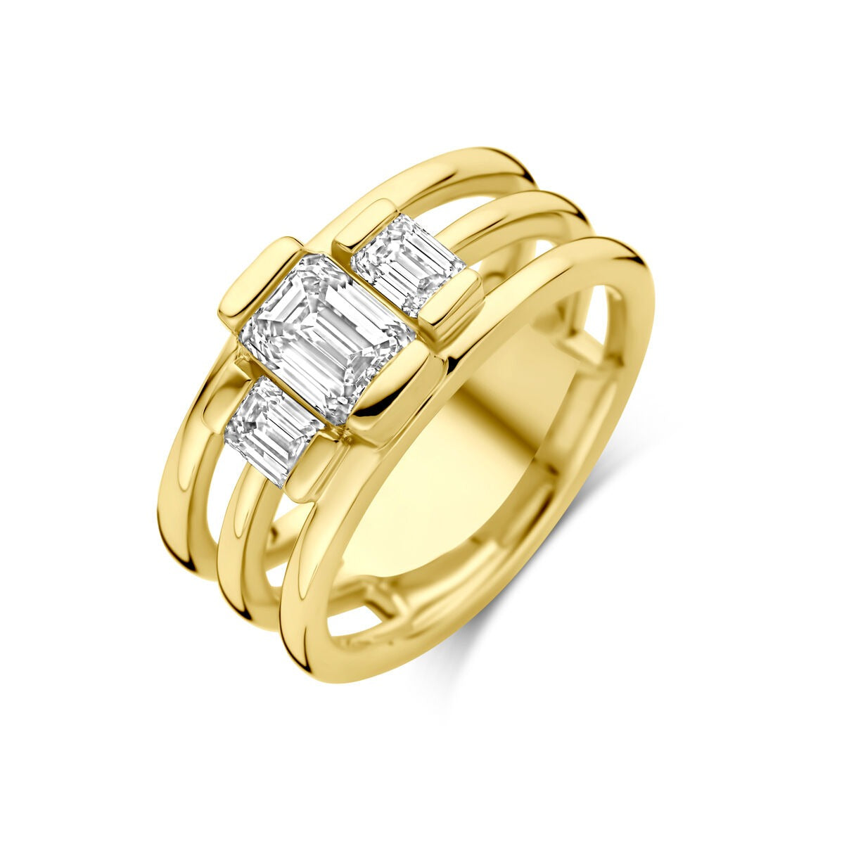 Anello da donna in oro giallo 14k con diamante lab-grown da 1,50 ct e dettagli rettangolari.