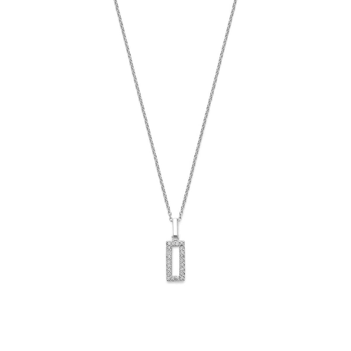 Gerhodineerd zilveren collier met een rechthoekige hanger bezet met zirkonia.