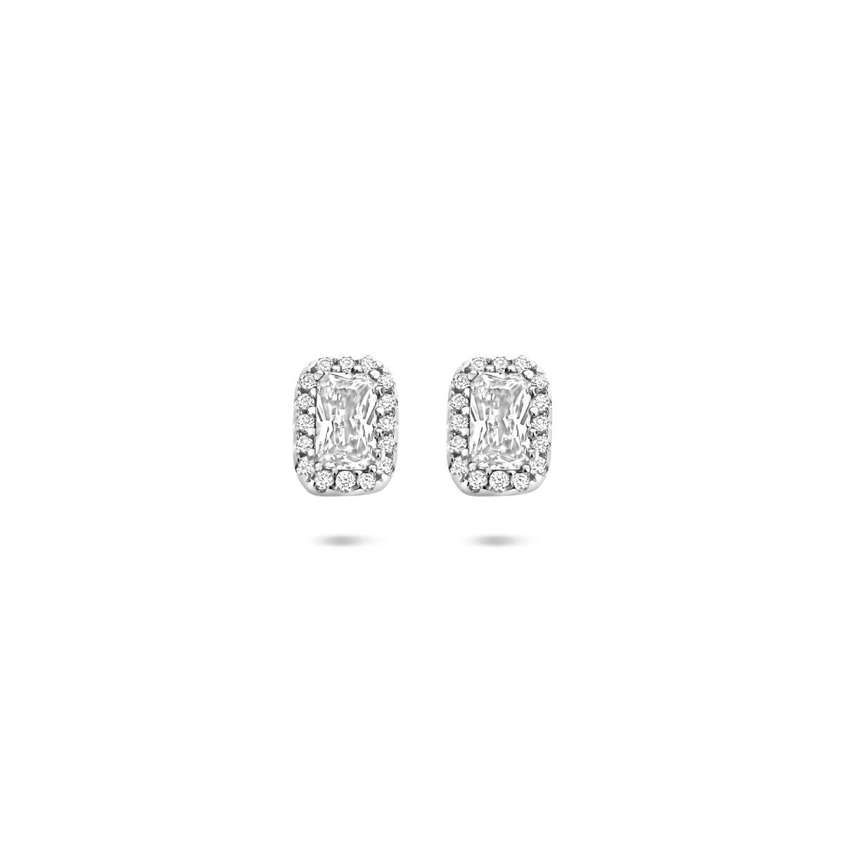 Orecchini in argento 925 rodiato con zirconi, forma rettangolare e finitura lucida.