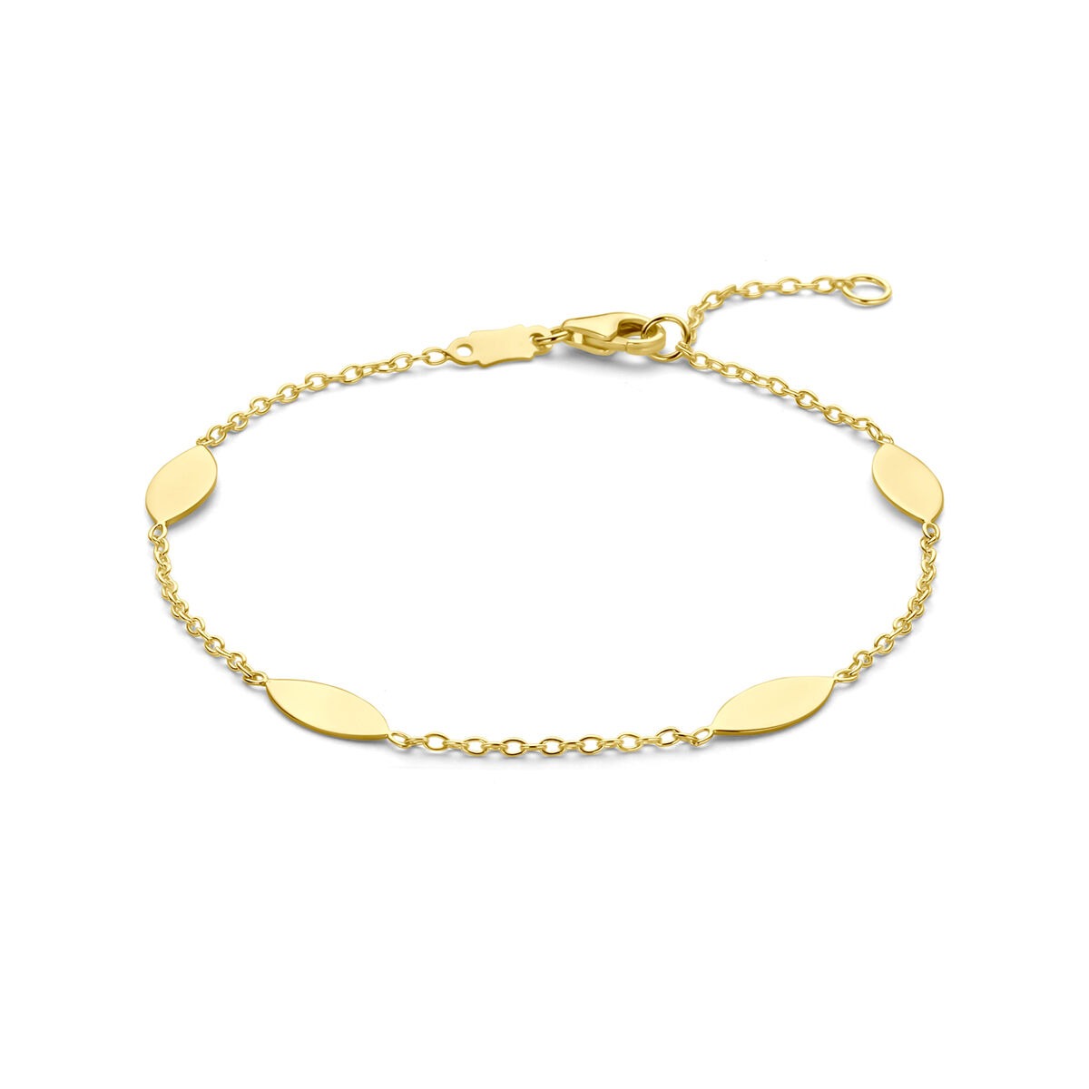 Bracciale in oro giallo 14K con elementi ovali e chiusura a moschettone.