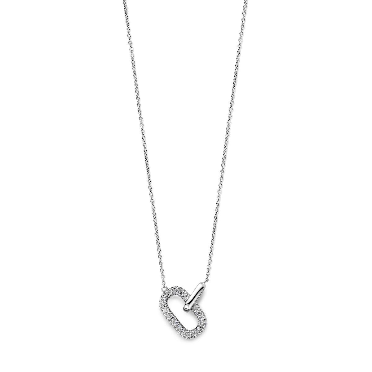 Zilveren gerhodineerd collier met een hartvormige hanger bezet met zirkonia steentjes.