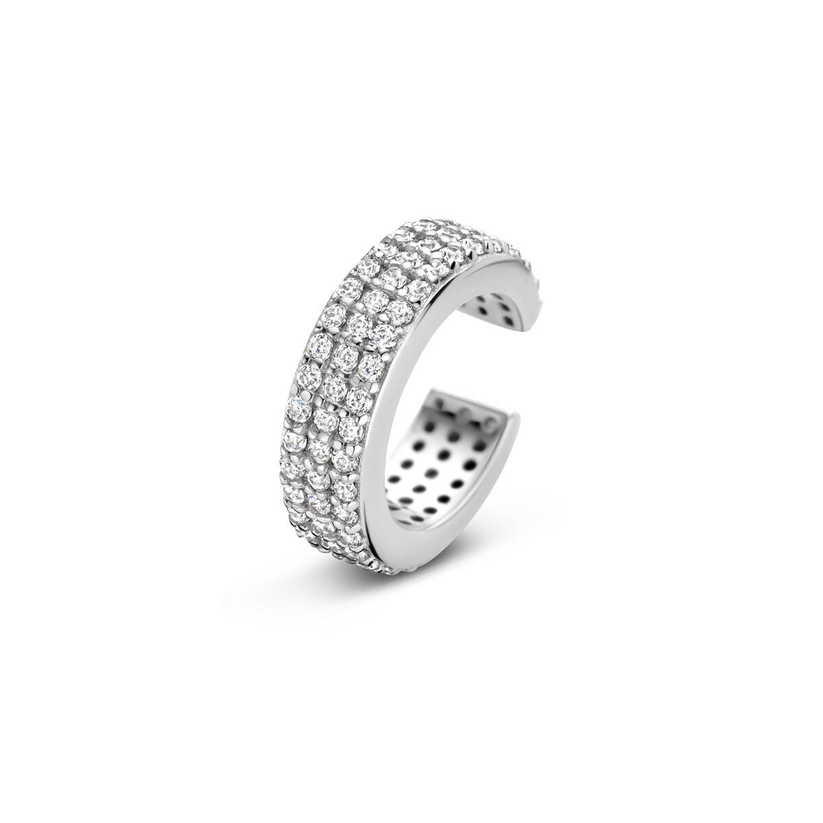Ear cuff in argento con zirconi, finitura rodiata, design a bande.