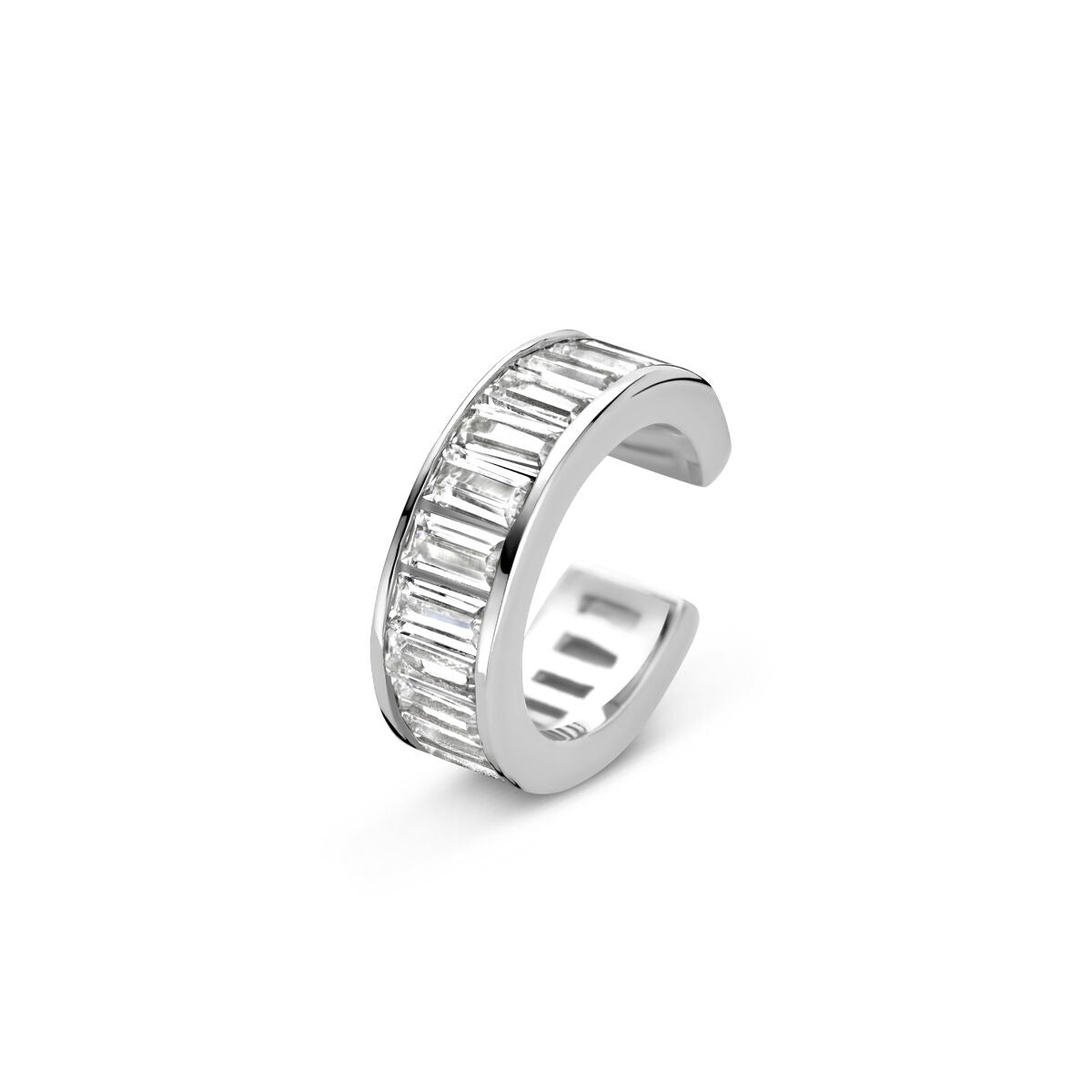 Orecchino cuff in argento 925 rodiato con zircone, design curvo e dettagli geometrici.