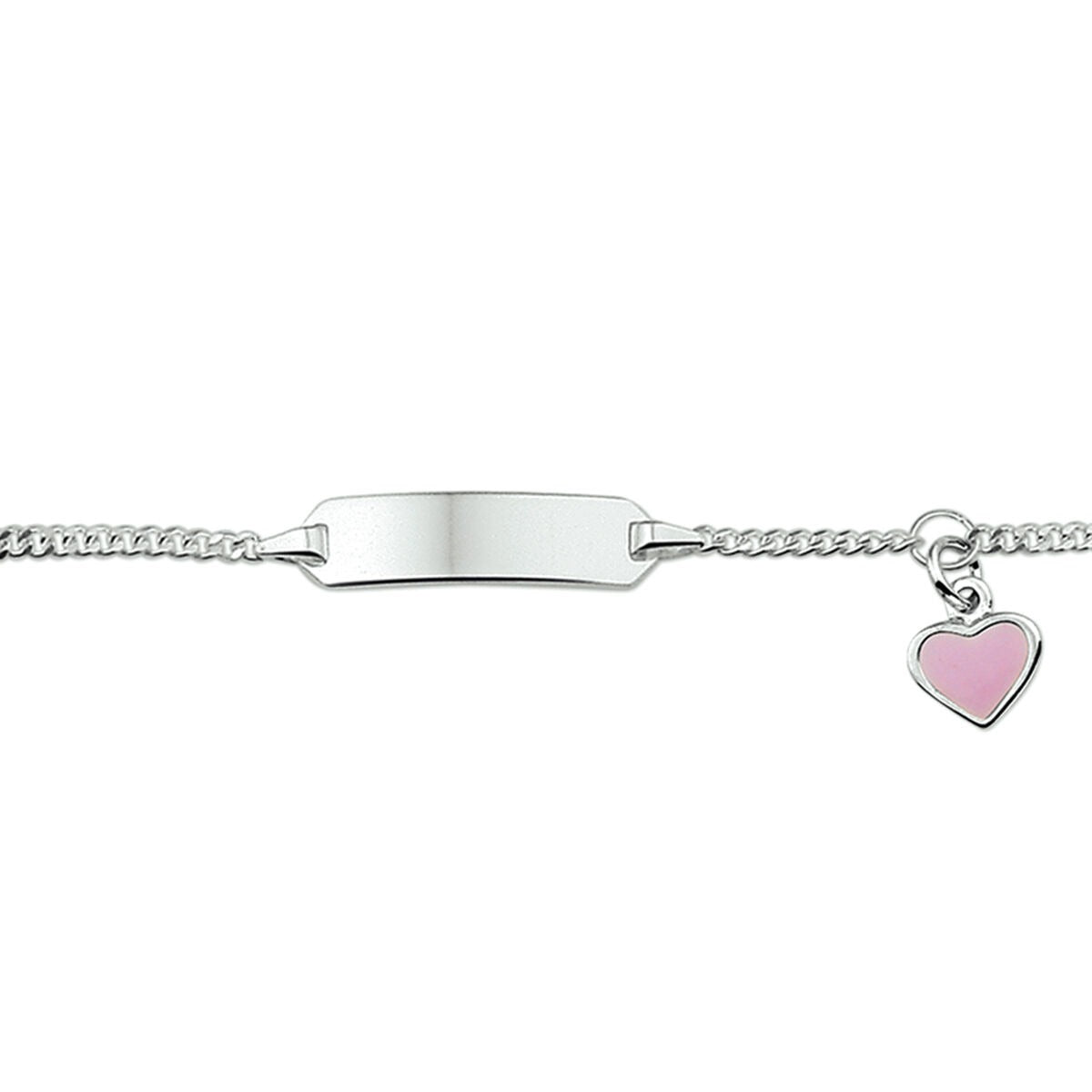 Gerhodineerde zilveren kinder graveerarmband met een gladde plaat en een roze hartje als hanger.