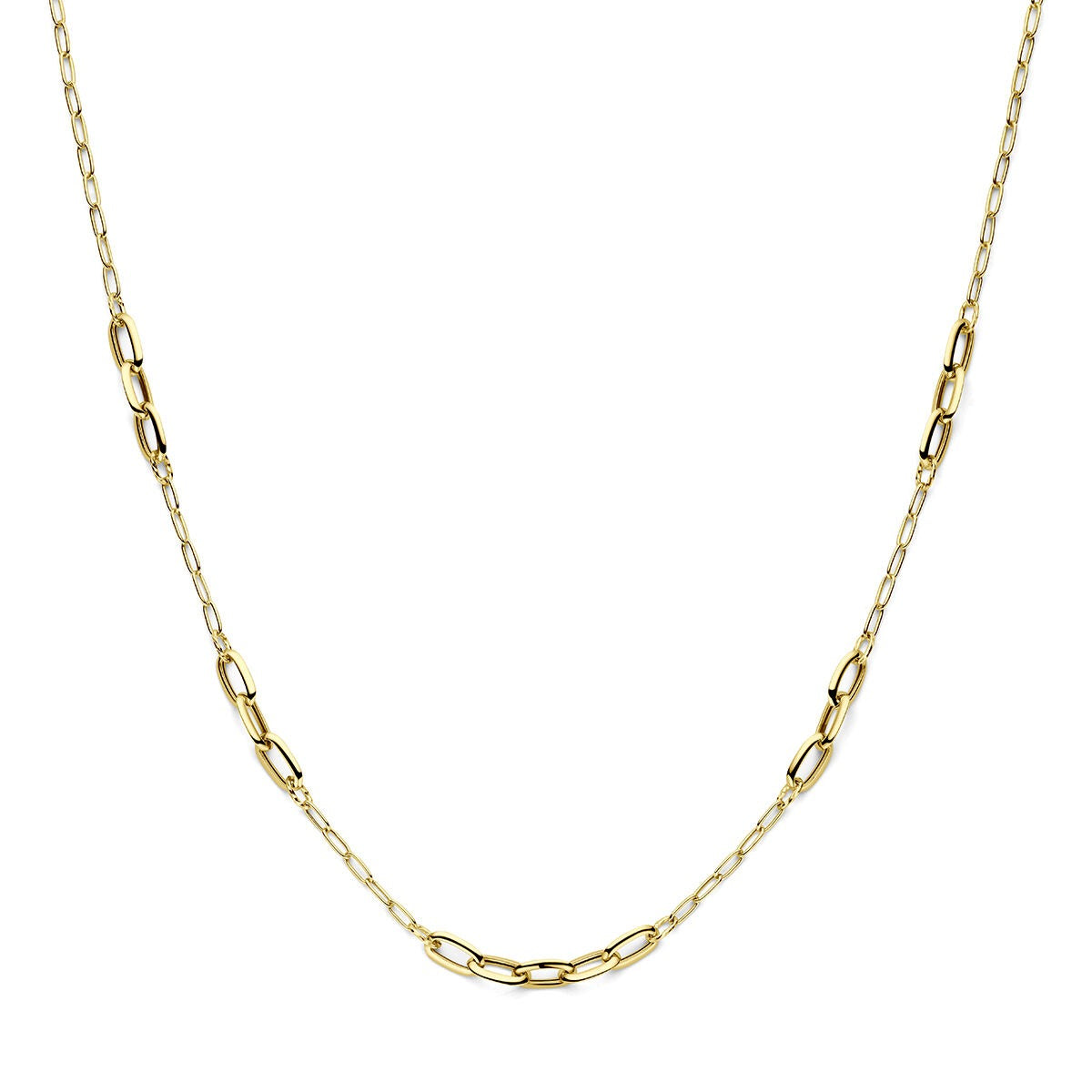 Geelgouden dames collier met een schakelpatroon en een glanzende afwerking.