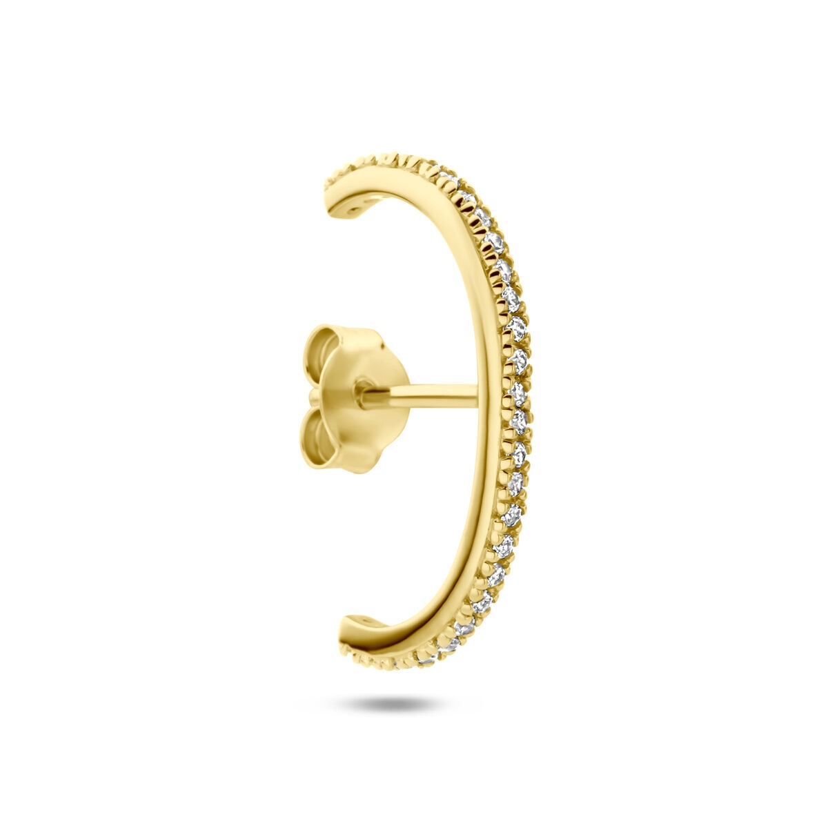 Orecchino sospeso in argento 925 dorato con zirconi, forma semicircolare.