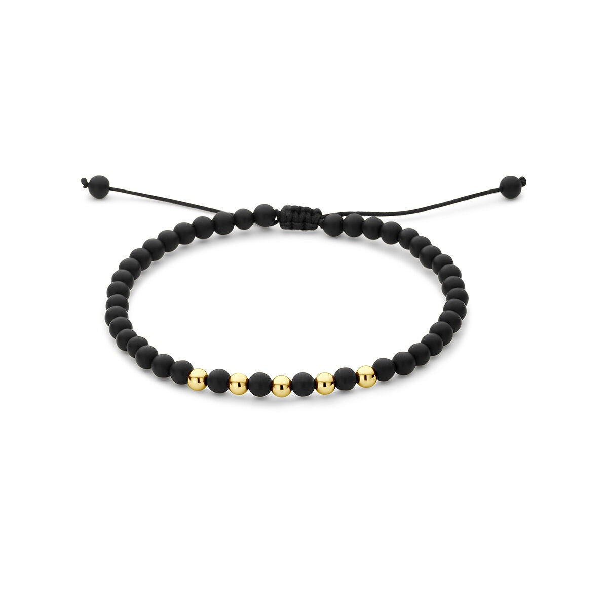 Bracciale in oro giallo 14k con onice e dettagli in poliestere nero.