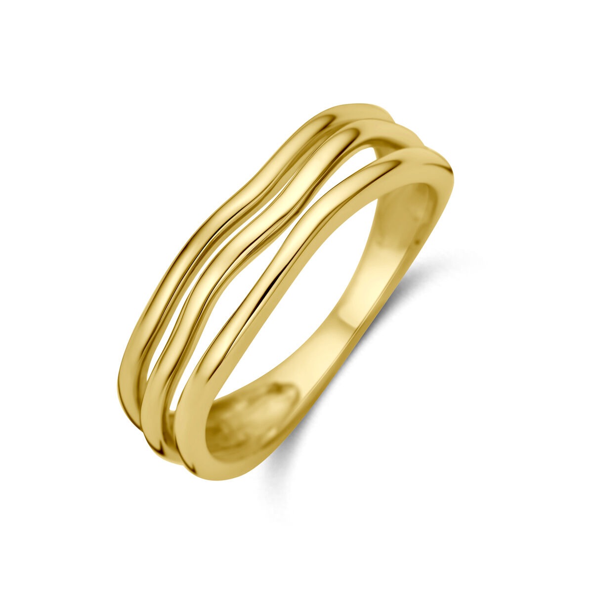 Anello in oro giallo 14k con tre fasce ondulate, larghezza 5,5 mm.