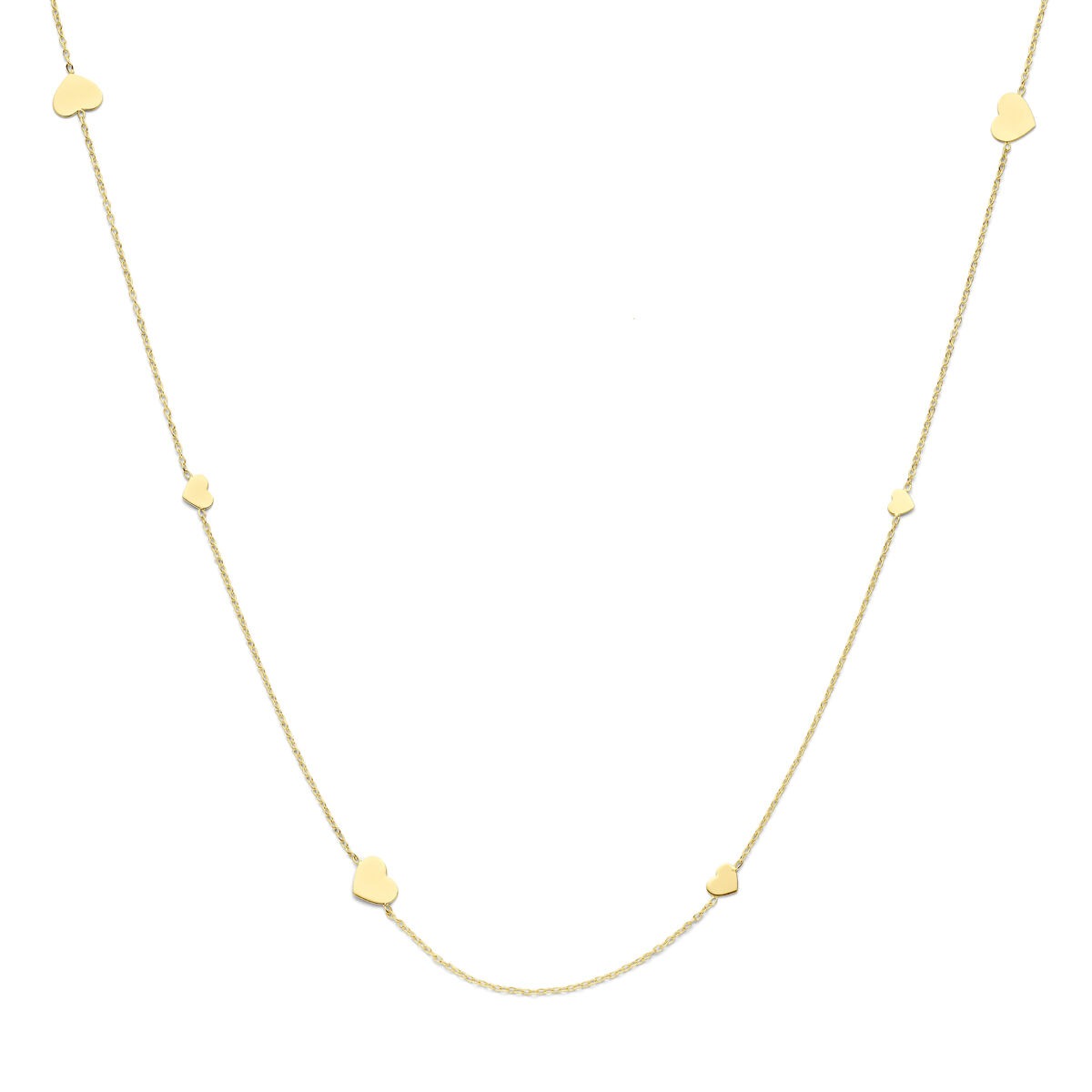 14k geelgouden ketting met kleine hartjes in een delicate schakeling.