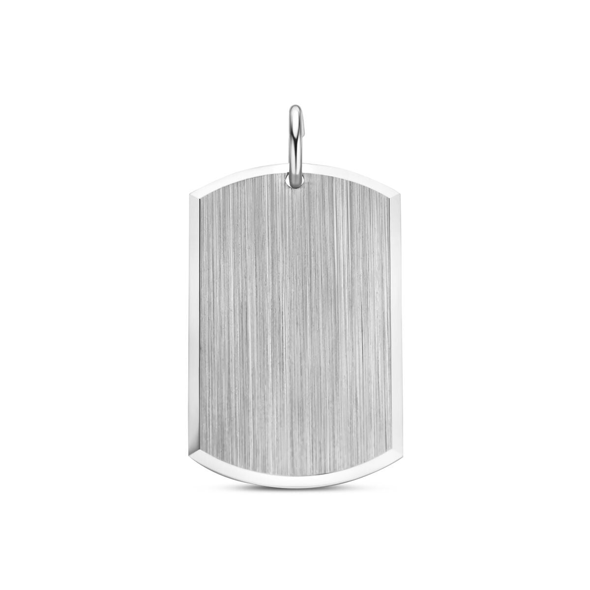Zilveren graveerhanger van gerhodineerd 925 zilver met een geborstelde afwerking, 30 mm groot.