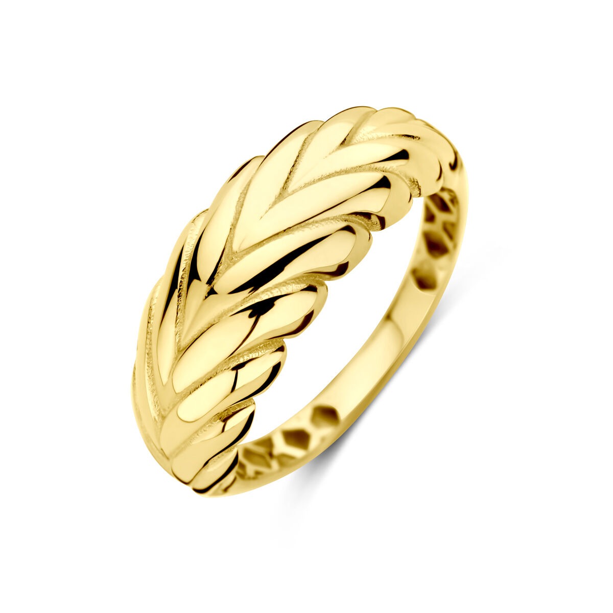 Anello in oro giallo 14K con motivo intrecciato, finitura lucida e design elegante.