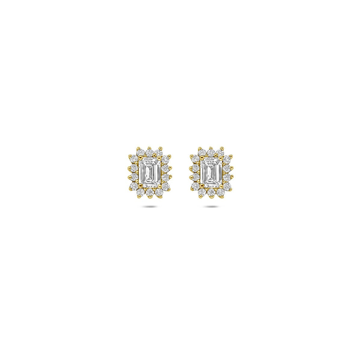 Orecchini in oro giallo 14k con diamante lab-grown, forma rettangolare e dettagli a stella.
