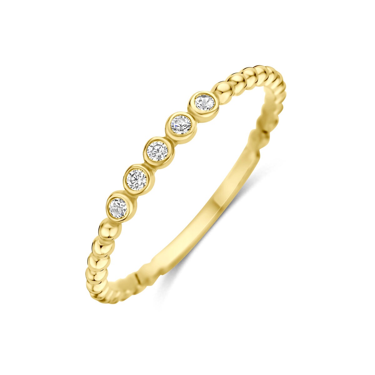 Anello in oro giallo 14k con zirconi incastonati in una delicata fascia.