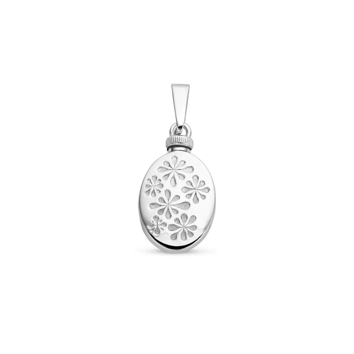 Ciondolo ovale in argento 925 con incisioni floreali.