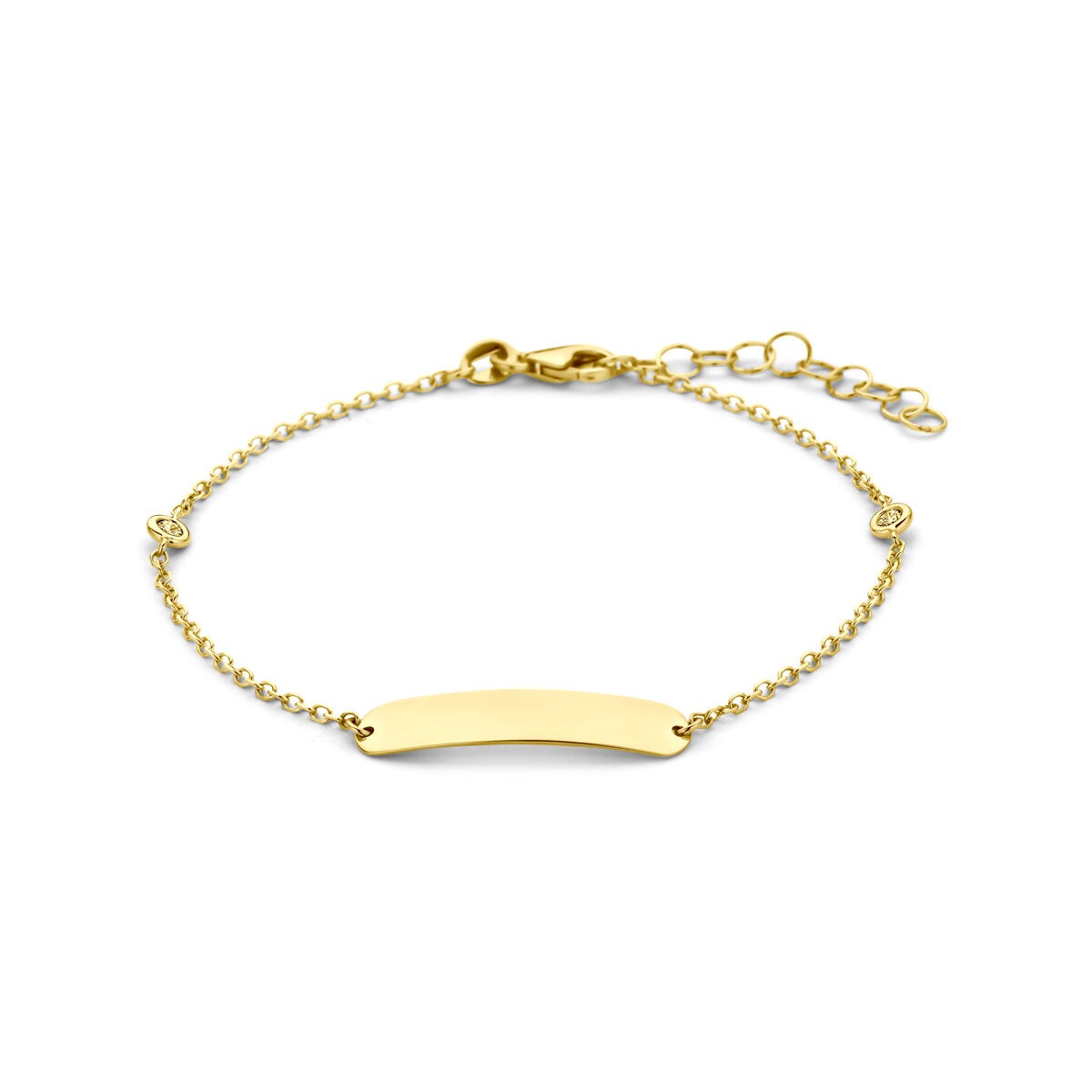 Bracciale in oro giallo 14k con placca per incisione e diamante lab-grown.