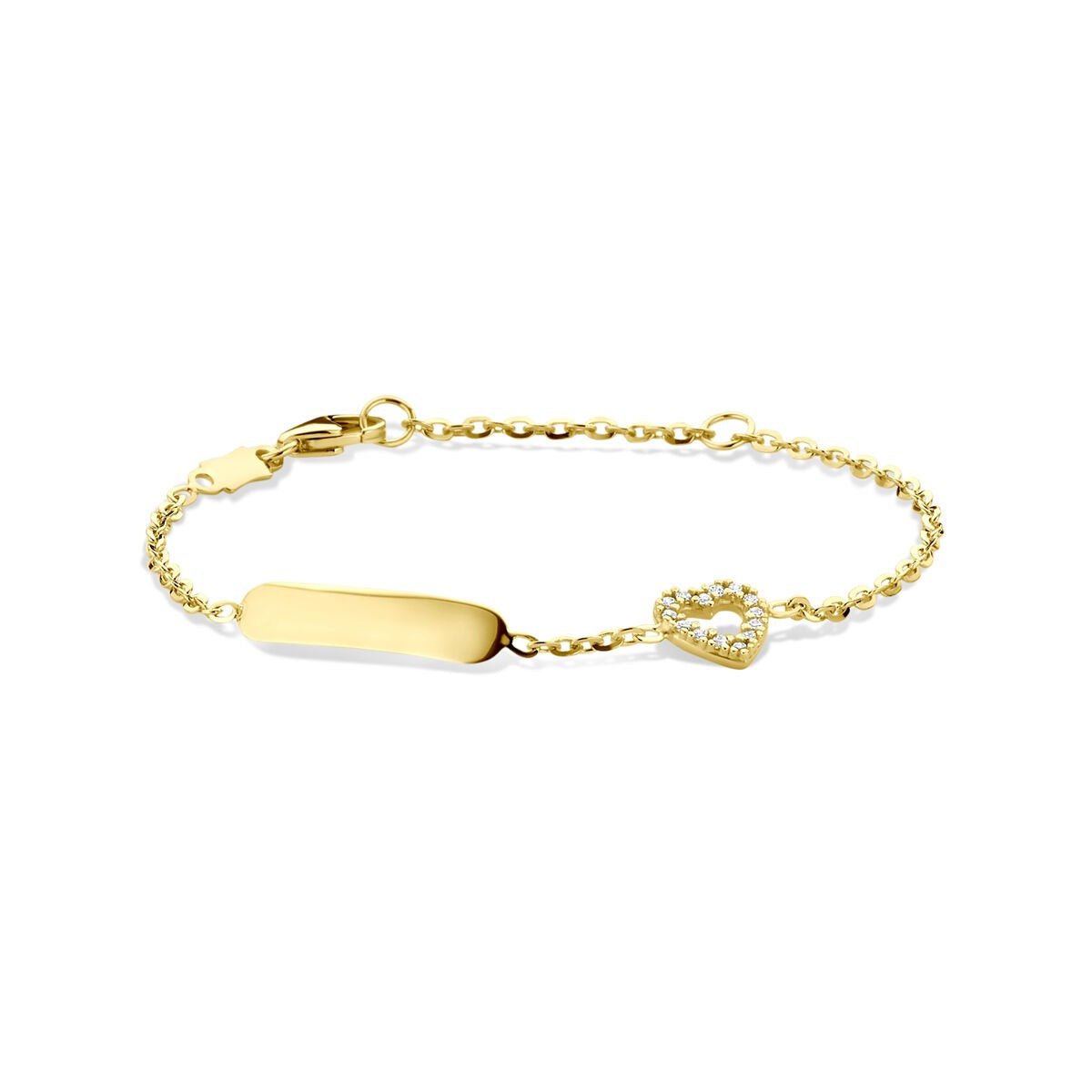 Bracciale in oro giallo 14k con cuore e zirconia, design semplice e raffinato.