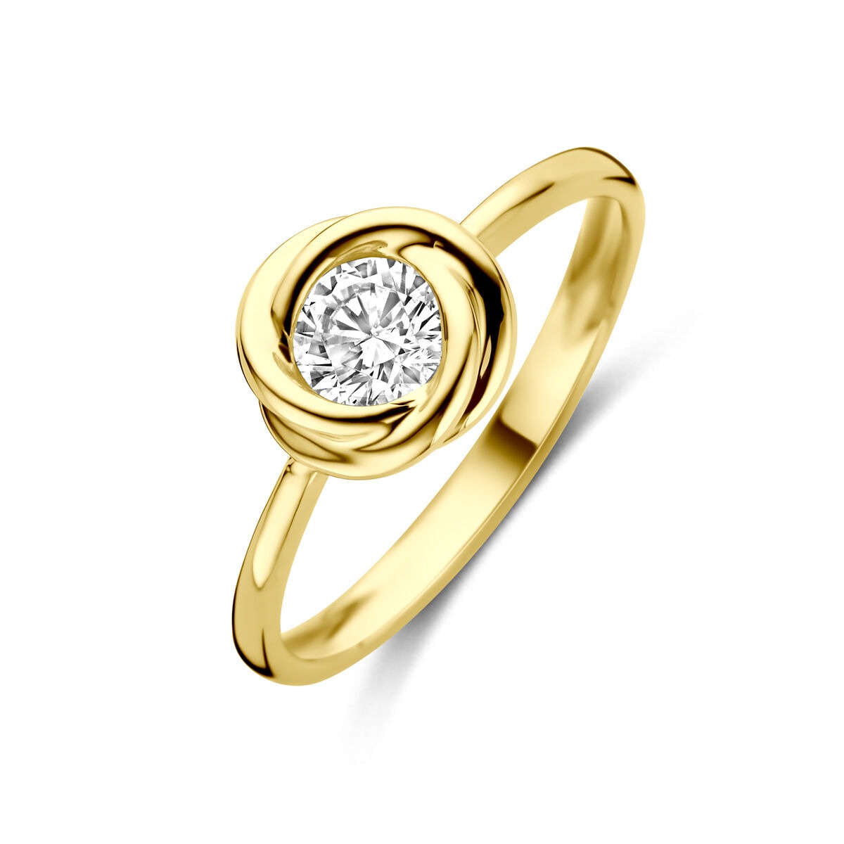 Anello da donna in oro giallo 14k con zircone, design classico e solitario.