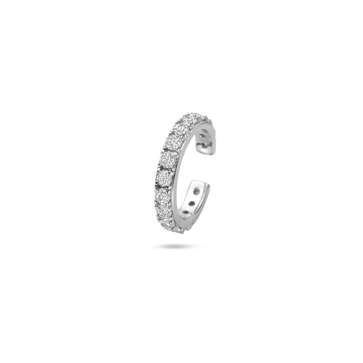 Ear cuff in argento rodiato 925 con zirconi, dimensioni 14,5x2,5 mm.