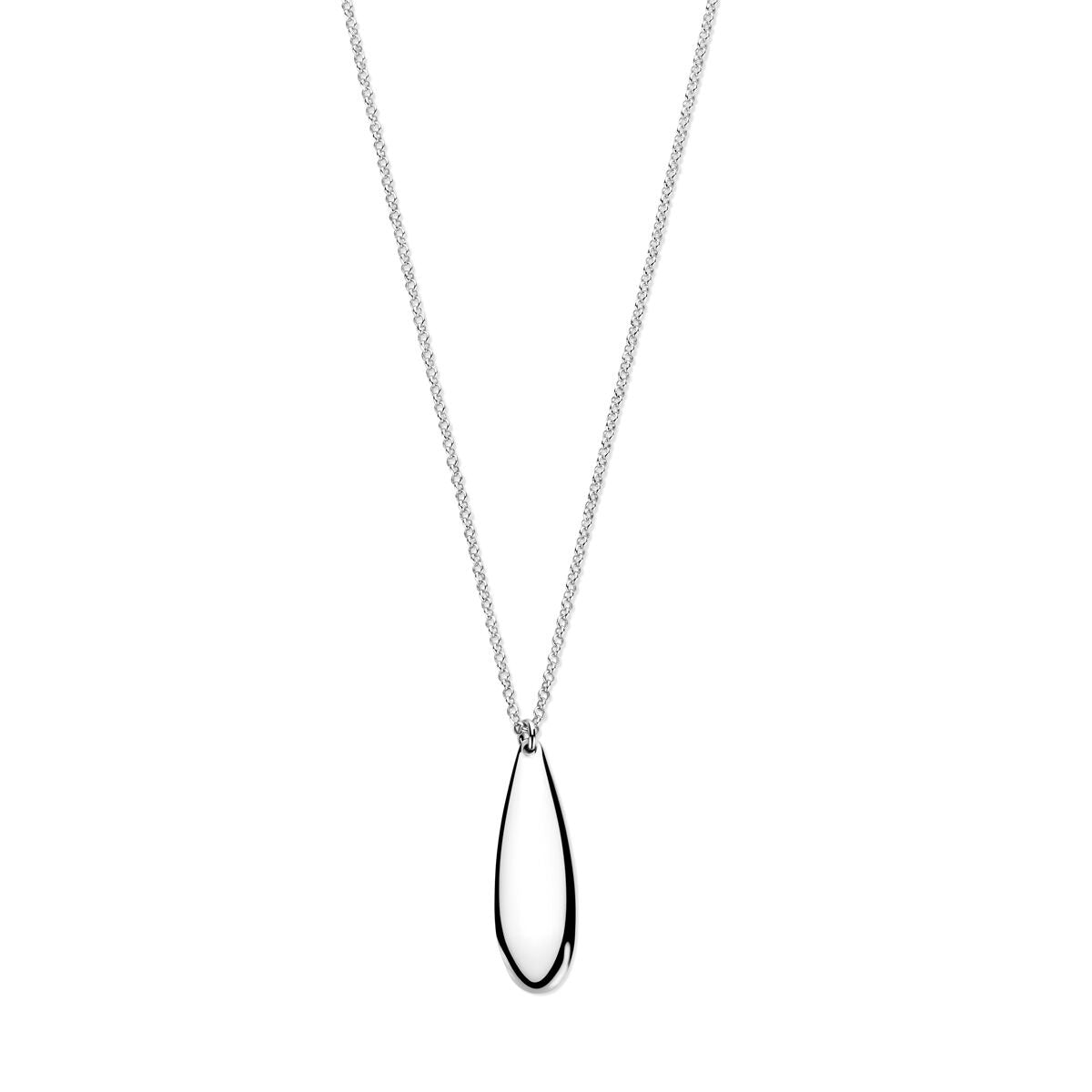 Collana argentata con pendente a goccia, finitura rodiata, lunghezza 41 + 4 cm.