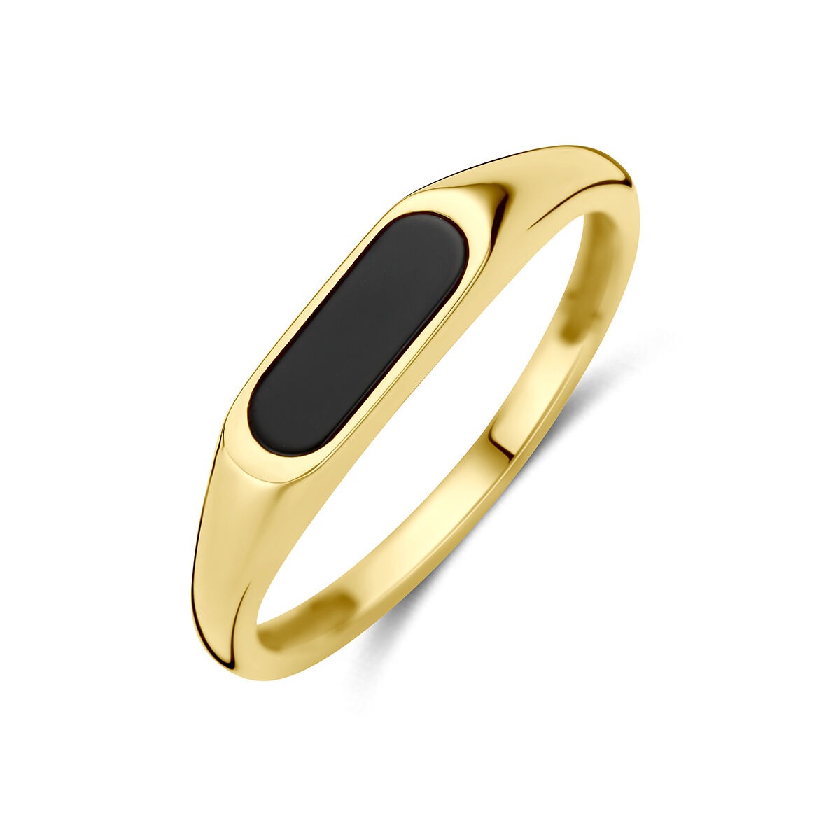 Anello in oro giallo 9k con onice nero, design semplice e forma ovale.