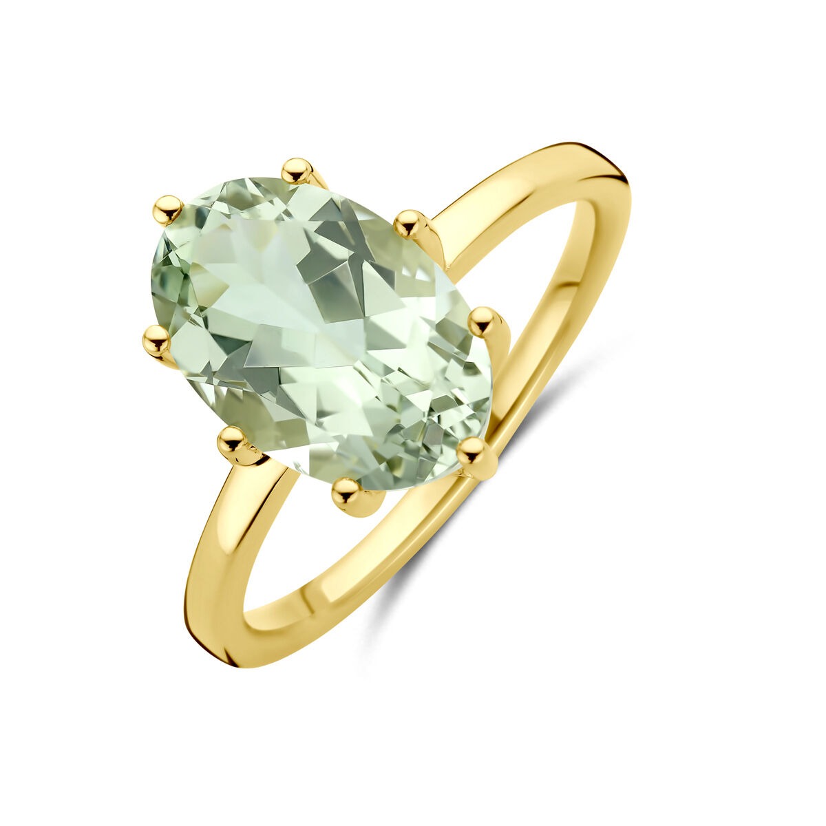Anello in oro giallo 14k con ametista verde ovale.