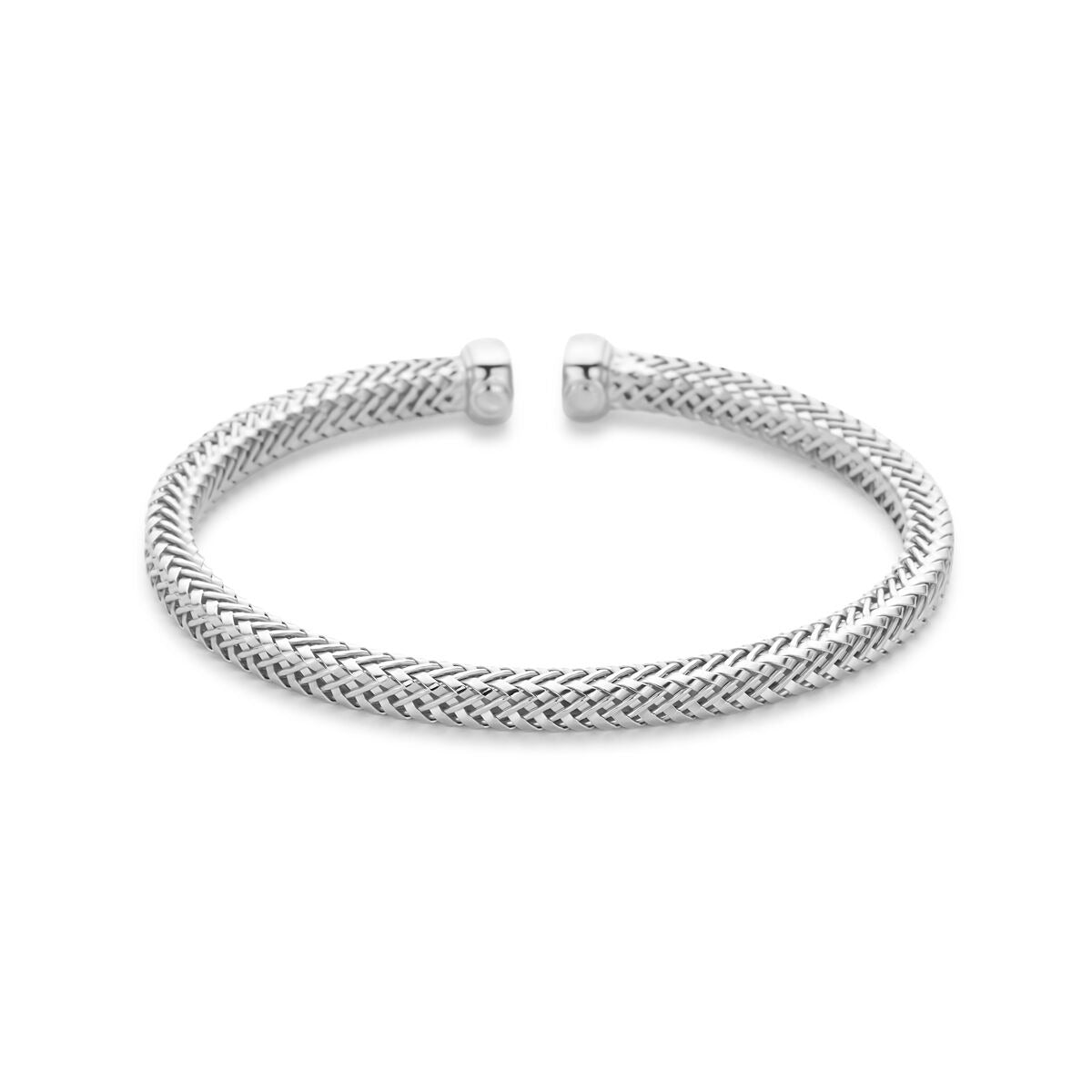 Bracciale in argento 925 rodiato, di forma aperta con finitura intrecciata, misura 58 x 4,5 mm.