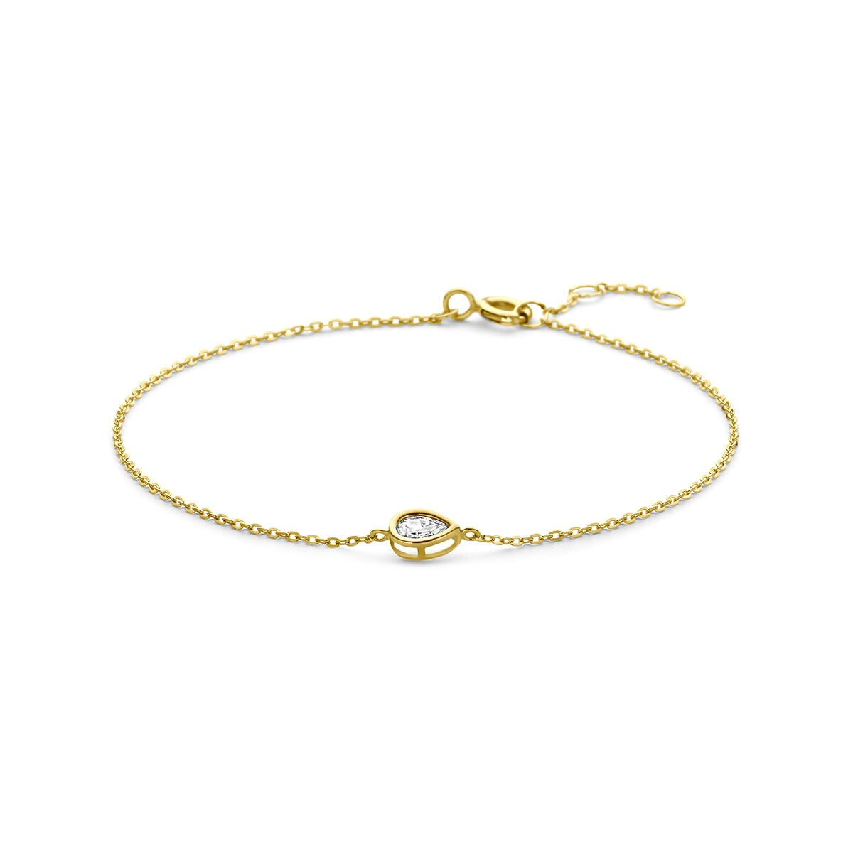Bracciale in oro giallo 9k con zircone, con catena fine e dettaglio ovale centrale.