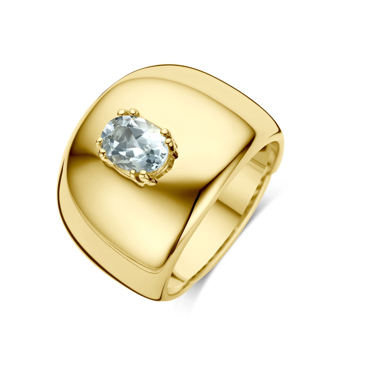 Anello in oro giallo 14k con acquamarina ovale incastonata.