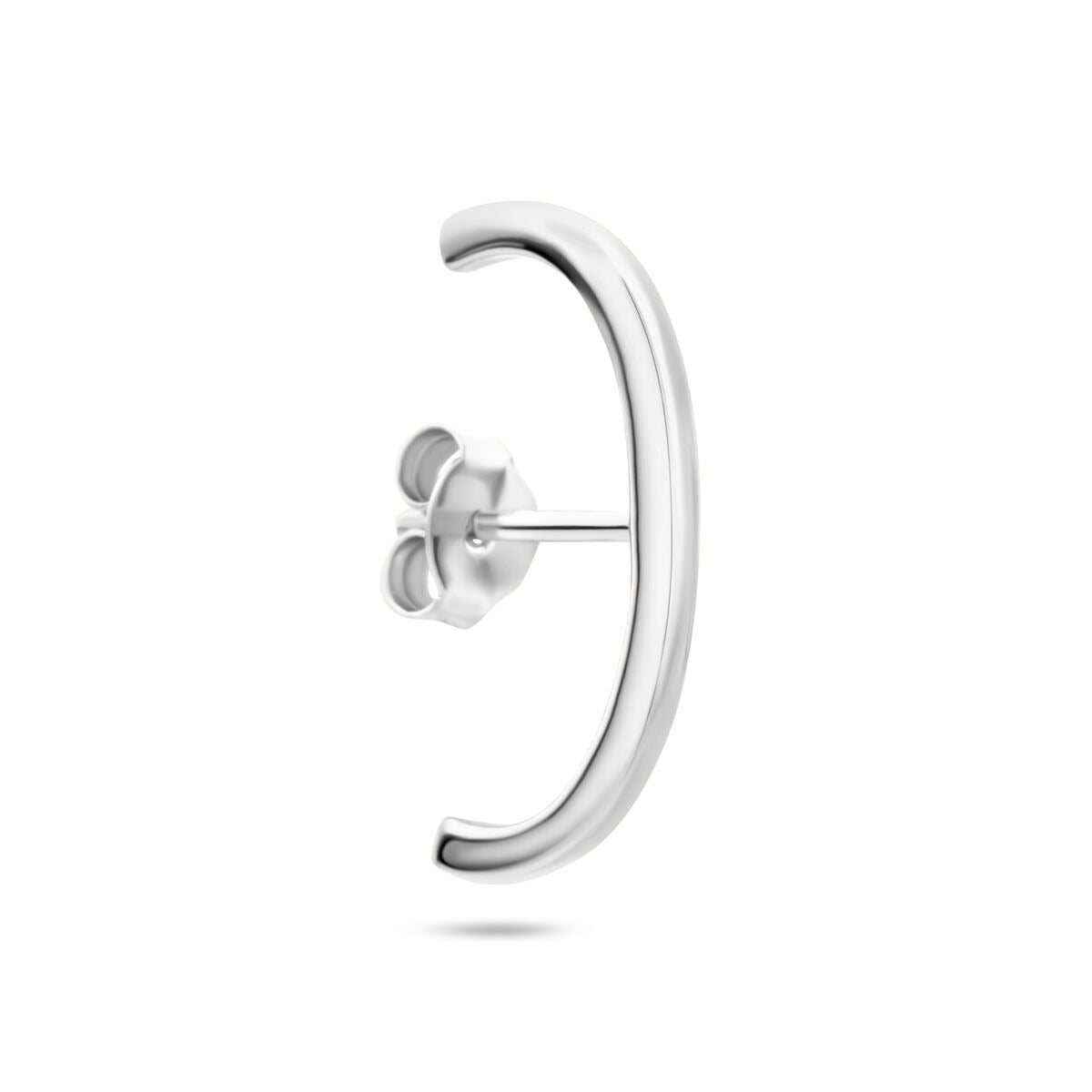 Orecchino sospeso in argento 925 rodiato, con forma curva e finitura lucida.