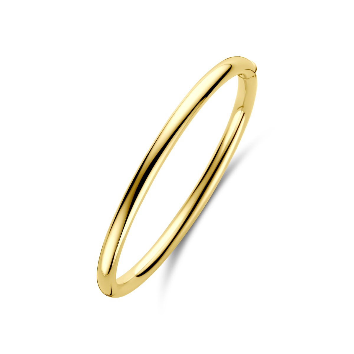 Bracciale bangle in oro giallo 14k, largo 5 mm, con finitura lucida e forma ovale.