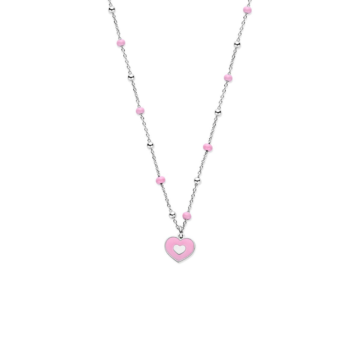 Collana argentata con ciondolo a forma di cuore rosa e perline rosa, lunghezza 36 + 4 cm.
