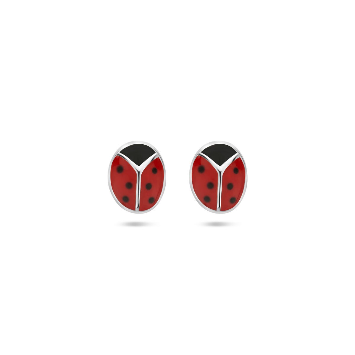 Orecchini argentati a forma di coccinella, con smalto rosso e nero.